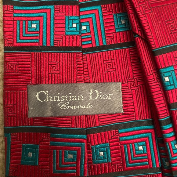 Dior Red and Teal Geometric Tie - Picture 1 of 3